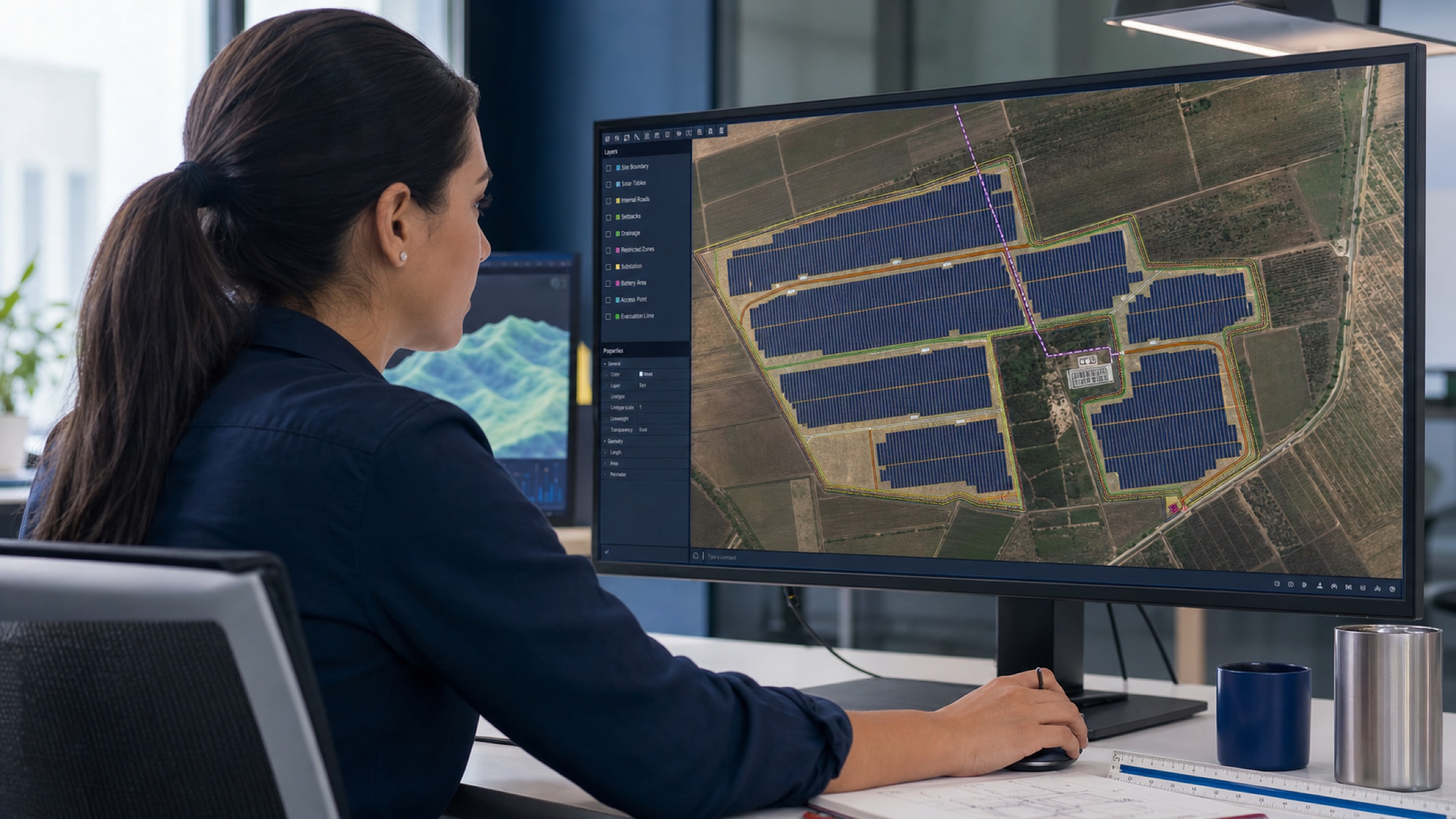 Ingeniera diseñando un layout fotovoltaico